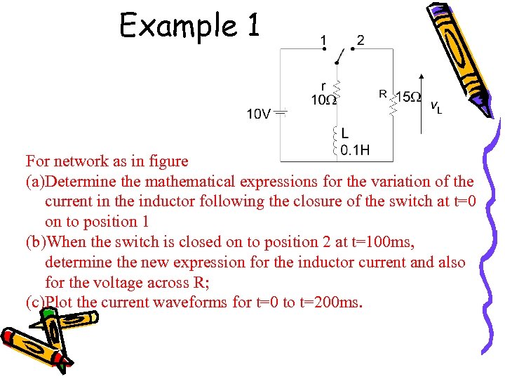 Example 1 For network as in figure (a)Determine the mathematical expressions for the variation