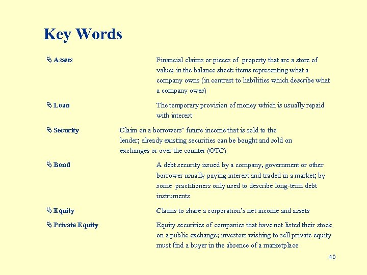 Key Words Ä Assets Financial claims or pieces of property that are a store