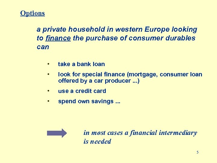 Options a private household in western Europe looking to finance the purchase of consumer