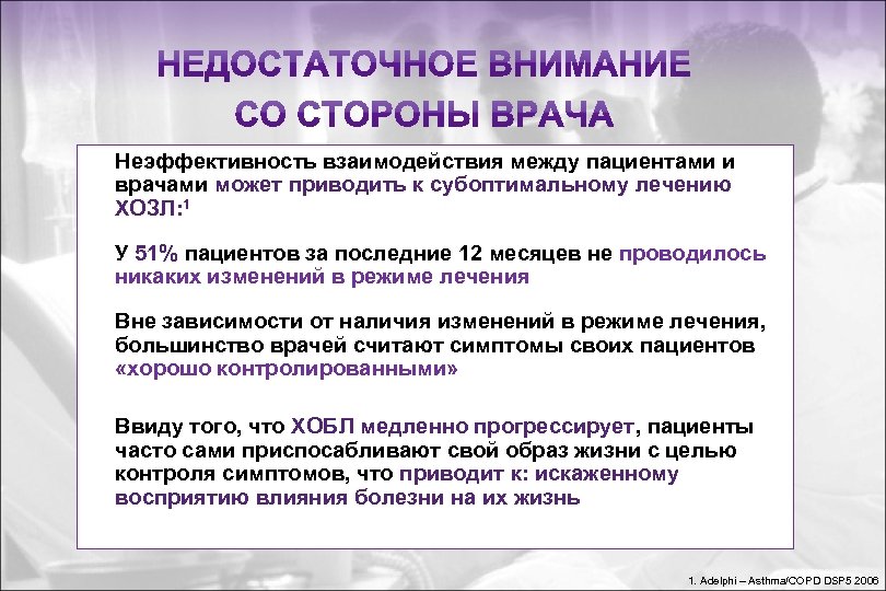Неэффективность взаимодействия между пациентами и врачами может приводить к субоптимальному лечению ХОЗЛ: 1 У