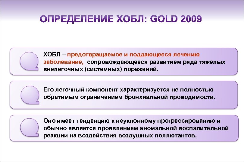 ХОБЛ – предотвращаемое и поддающееся лечению заболевание, сопровождающееся развитием ряда тяжелых внелегочных (системных) поражений.
