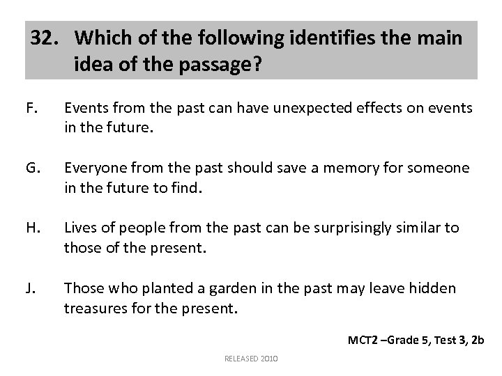 32. Which of the following identifies the main idea of the passage? F. Events