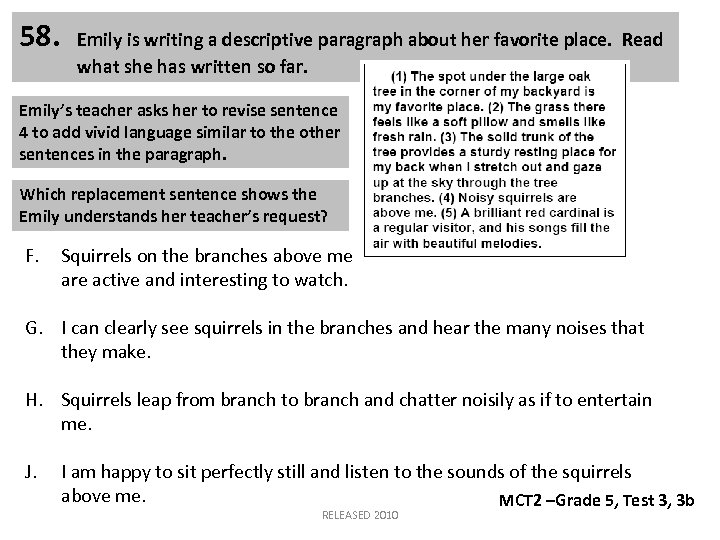 58. Emily is writing a descriptive paragraph about her favorite place. Read what she