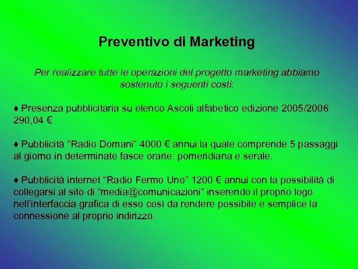 Preventivo di Marketing Per realizzare tutte le operazioni del progetto marketing abbiamo sostenuto i