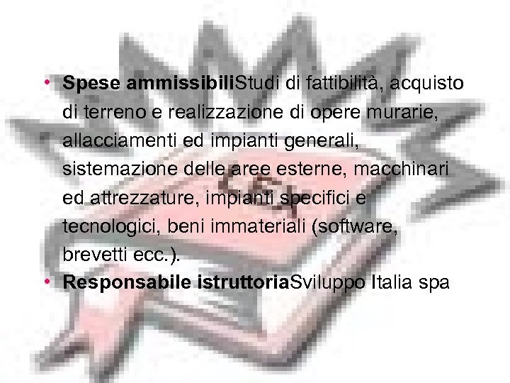  • Spese ammissibili. Studi di fattibilità, acquisto di terreno e realizzazione di opere