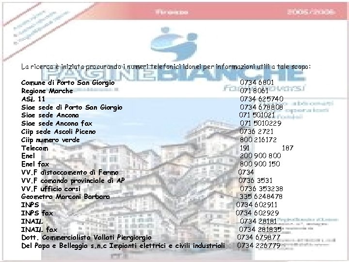 La ricerca è iniziata procurando i numeri telefonici idonei per informazioni utili a tale