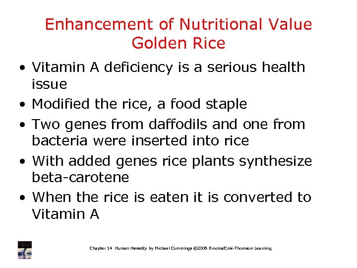 Enhancement of Nutritional Value Golden Rice • Vitamin A deficiency is a serious health