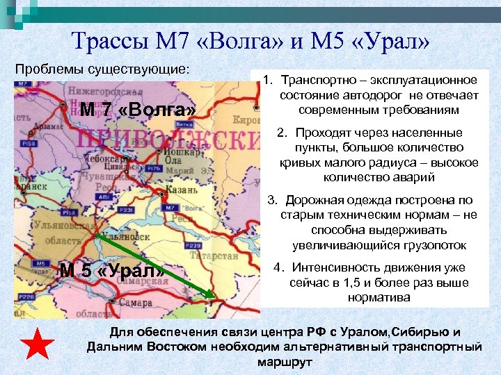 Трассы М 7 «Волга» и М 5 «Урал» Проблемы существующие: М 7 «Волга» 1.