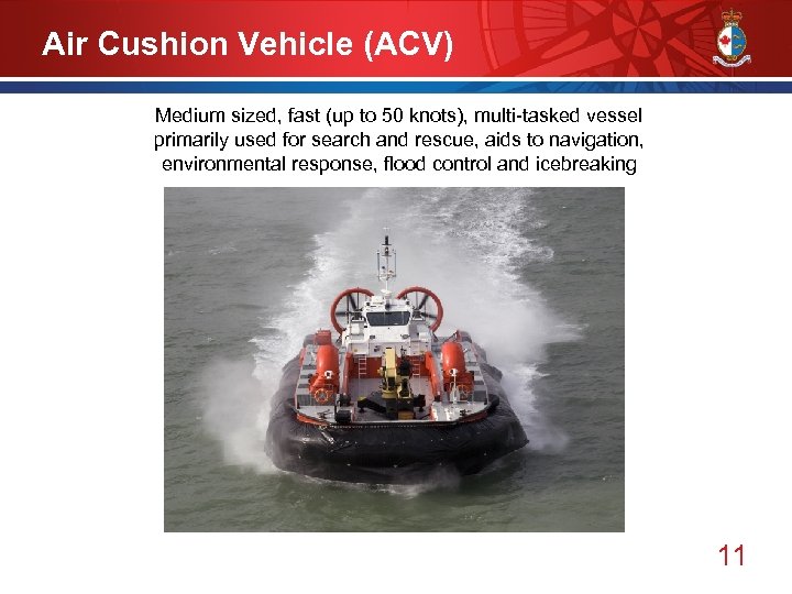 Air Cushion Vehicle (ACV) Medium sized, fast (up to 50 knots), multi-tasked vessel primarily