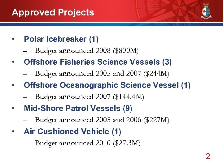 Approved Projects • • • Polar Icebreaker (1) – Budget announced 2008 ($800 M)