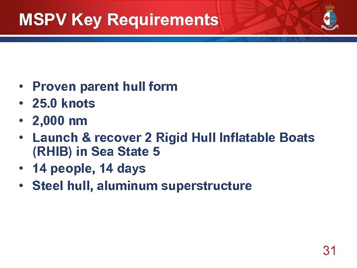 MSPV Key Requirements • • Proven parent hull form 25. 0 knots 2, 000