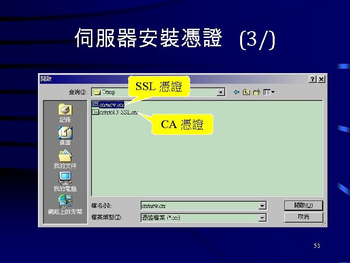 伺服器安裝憑證 (3/) SSL 憑證 CA 憑證 53 