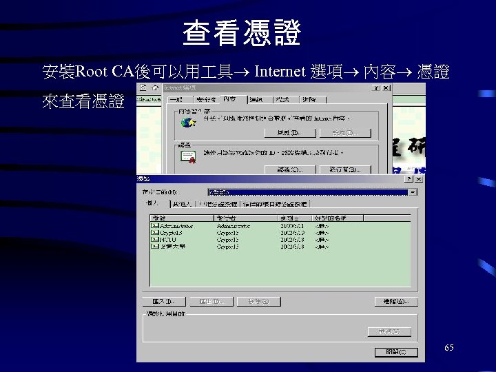 查看憑證 安裝Root CA後可以用 具 Internet 選項 內容 憑證 來查看憑證 65 
