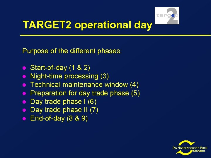 TARGET 2 operational day Purpose of the different phases: l l l l Start-of-day