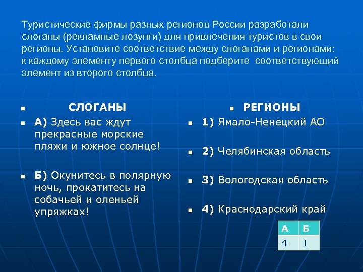 Туристические фирмы разных регионов России разработали слоганы (рекламные лозунги) для привлечения туристов в свои