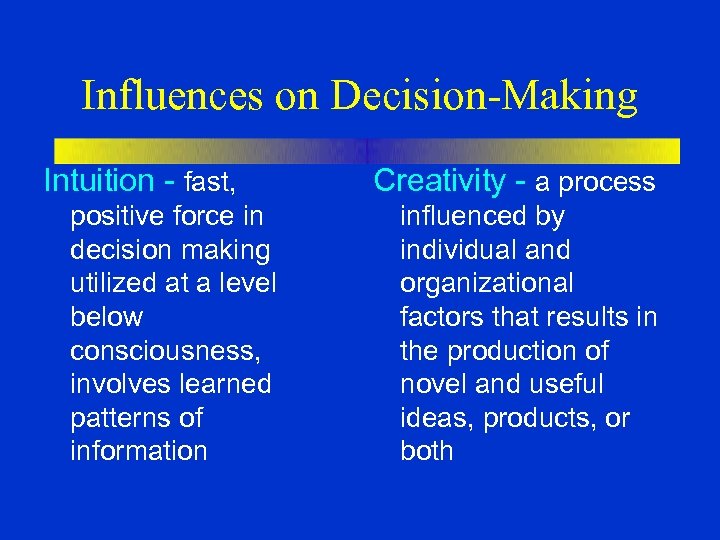 Influences on Decision-Making Intuition - fast, positive force in decision making utilized at a