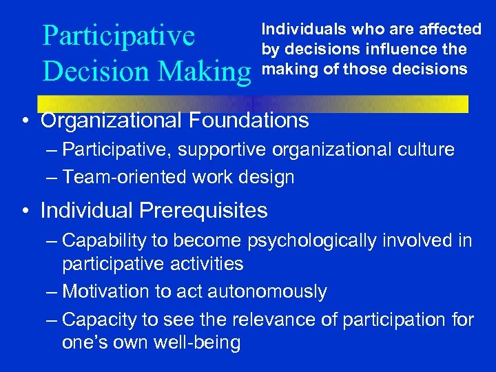 Participative Decision Making Individuals who are affected by decisions influence the making of those