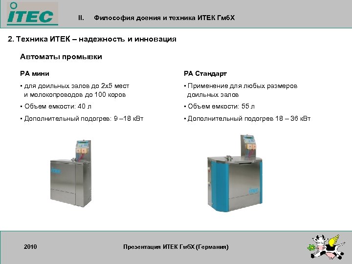 II. Философия доения и техника ИТЕК Гмб. Х 2. Техника ИТЕК – надежность и