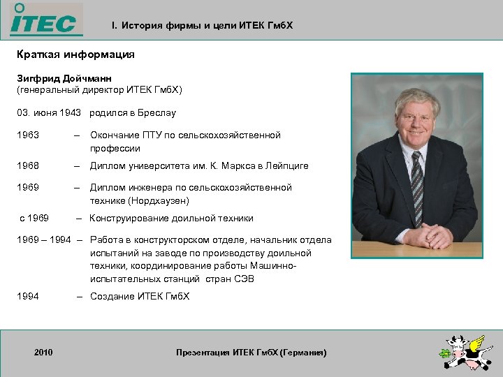I. История фирмы и цели ИТЕК Гмб. Х Краткая информация Зигфрид Дойчманн (генеральный директор