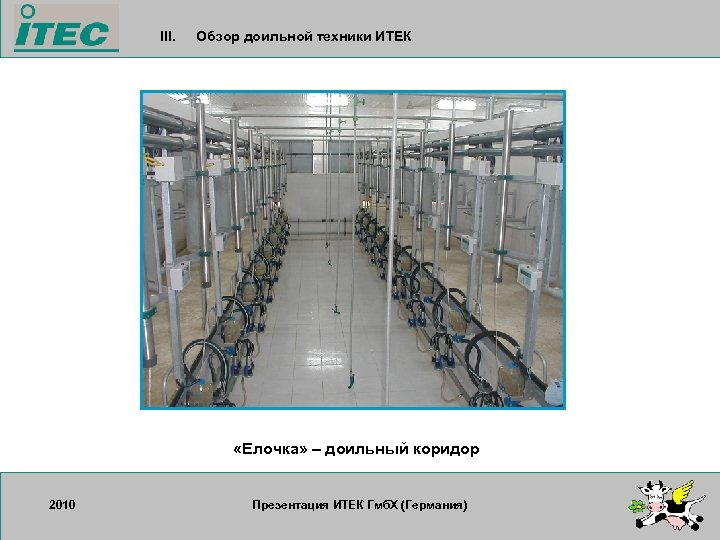 III. Обзор доильной техники ИТЕК «Елочка» – доильный коридор 2010 17. 09. 2007 Презентация