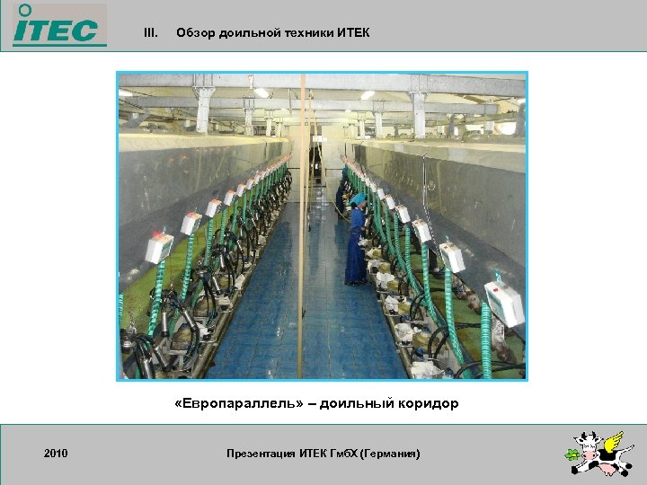 III. Обзор доильной техники ИТЕК «Европараллель» – доильный коридор 2010 17. 09. 2007 Презентация