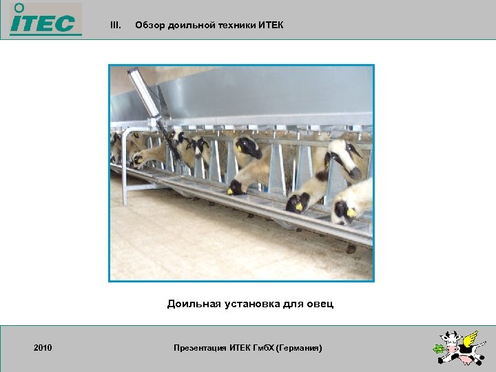 III. Обзор доильной техники ИТЕК Доильная установка для овец 2010 17. 09. 2007 Презентация