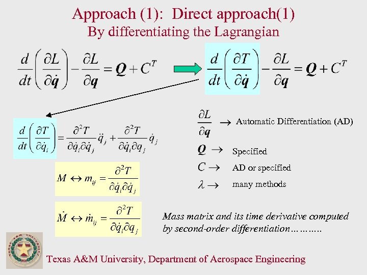 Approach (1): Direct approach(1) By differentiating the Lagrangian Automatic Differentiation (AD) Specified AD or