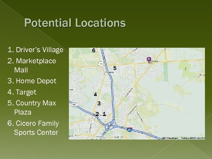 Potential Locations 1. Driver’s Village 2. Marketplace Mall 3. Home Depot 4. Target 5.