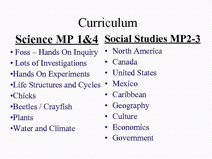 Curriculum Science MP 1&4 Social Studies MP 2 -3 • Foss – Hands On