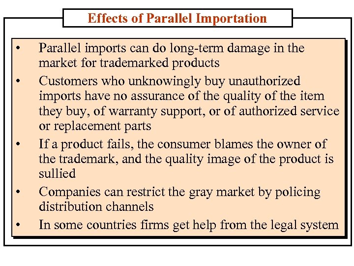 Effects of Parallel Importation • • • Parallel imports can do long term damage