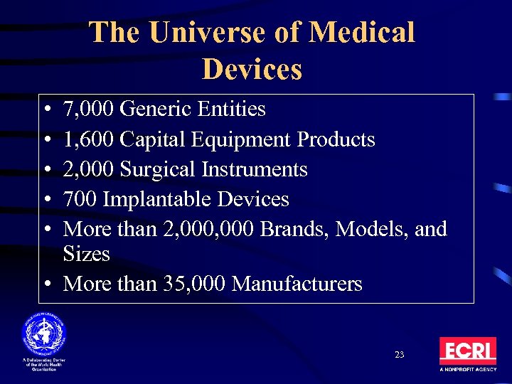 The Universe of Medical Devices • • • 7, 000 Generic Entities 1, 600