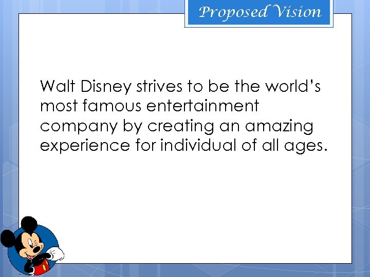 Proposed Vision Walt Disney strives to be the world’s most famous entertainment company by