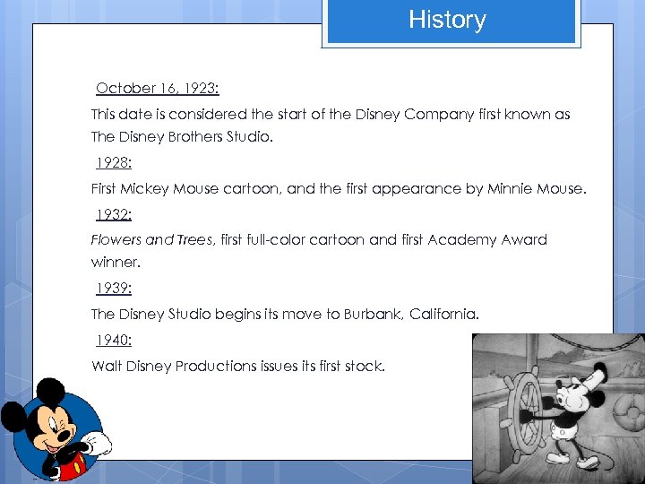 History October 16, 1923: This date is considered the start of the Disney Company