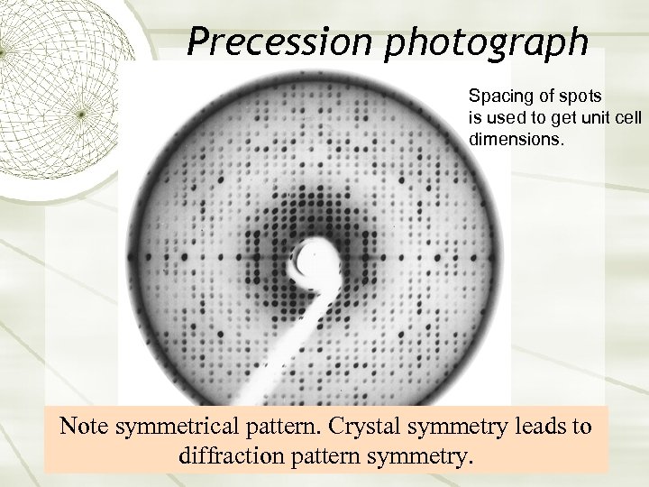Precession photograph Spacing of spots is used to get unit cell dimensions. Note symmetrical