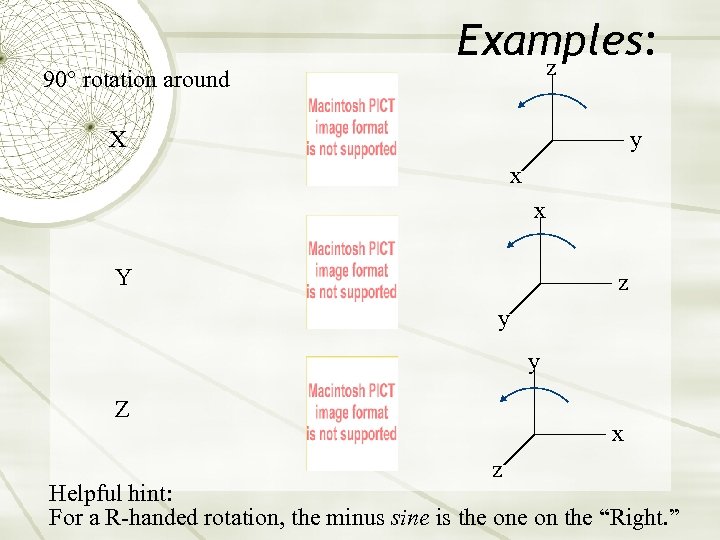 90° rotation around Examples: z X y x x Y z y y Z