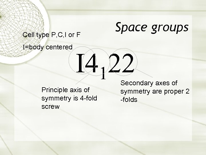 Cell type P, C, I or F I=body centered Space groups I 4122 Principle