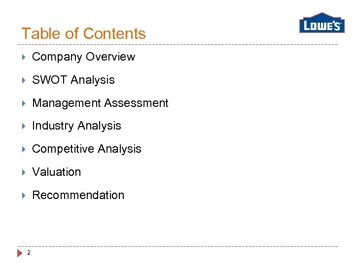 Table of Contents Company Overview SWOT Analysis Management Assessment Industry Analysis Competitive Analysis Valuation