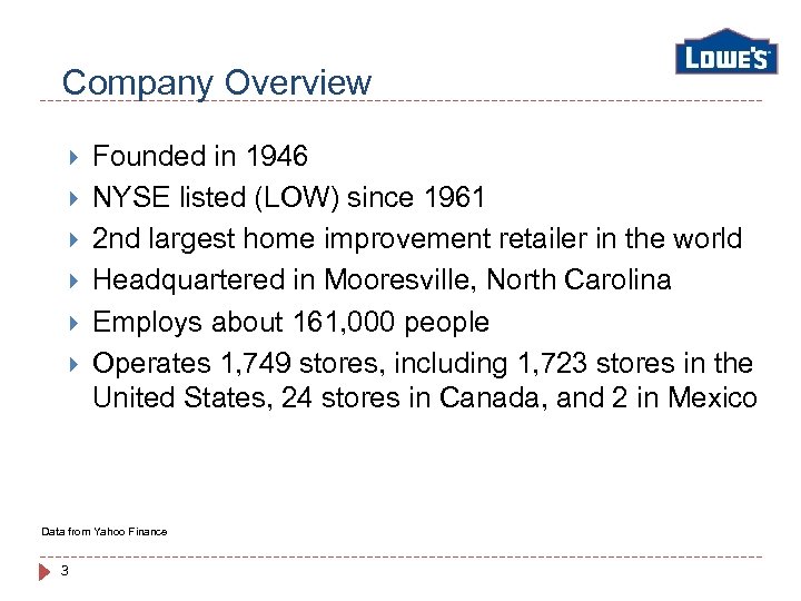 Company Overview Founded in 1946 NYSE listed (LOW) since 1961 2 nd largest home