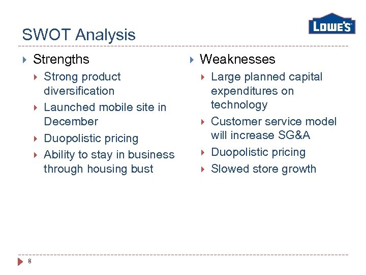 SWOT Analysis Strengths 8 Strong product diversification Launched mobile site in December Duopolistic pricing