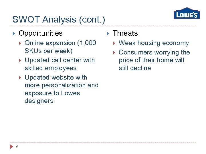 SWOT Analysis (cont. ) Opportunities 9 Online expansion (1, 000 SKUs per week) Updated