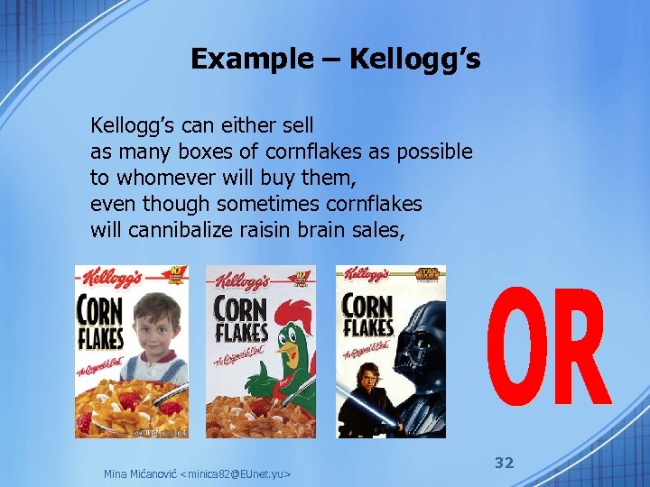 Example – Kellogg’s can either sell as many boxes of cornflakes as possible to