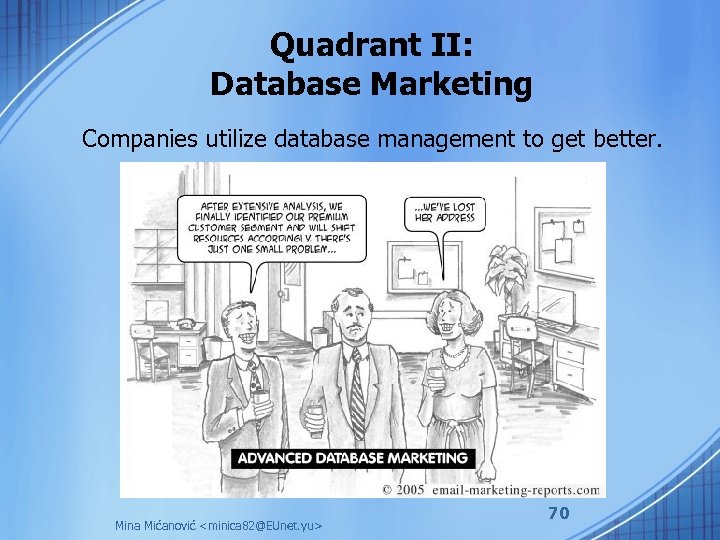 Quadrant II: Database Marketing Companies utilize database management to get better. Mina Mićanović <minica