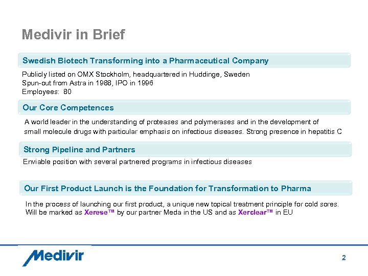 Medivir in Brief Swedish Biotech Transforming into a Pharmaceutical Company Publicly listed on OMX