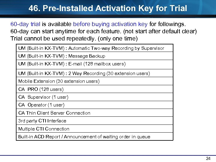 46. Pre-Installed Activation Key for Trial 60 -day trial is available before buying activation