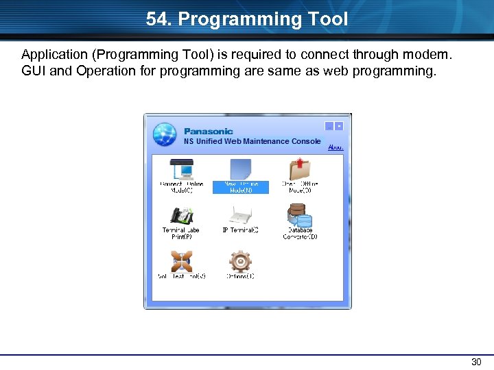 54. Programming Tool Application (Programming Tool) is required to connect through modem. GUI and