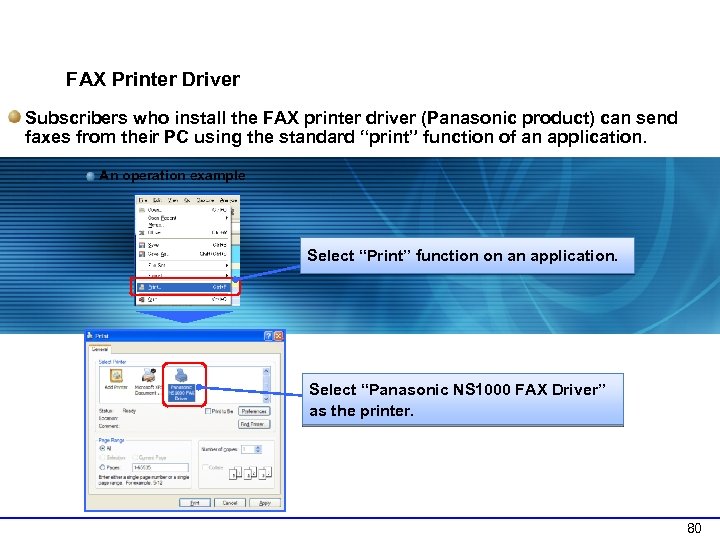 2 -3 Method to Send Faxes FAX Printer Driver Subscribers who install the FAX