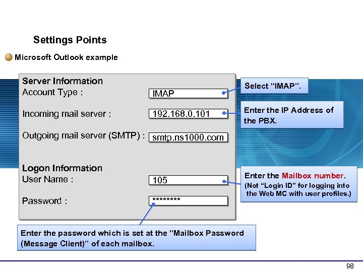 5 -5 IMAP Integration : Client Settings Points Microsoft Outlook example Server Information Account