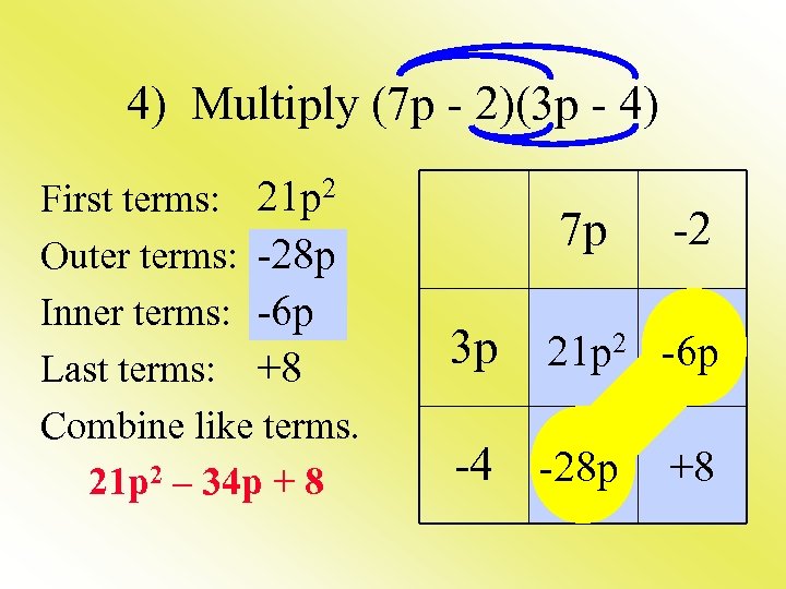 4) Multiply (7 p - 2)(3 p - 4) First terms: 21 p 2