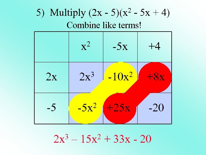 5) Multiply (2 x - 5)(x 2 - 5 x + 4) Combine like