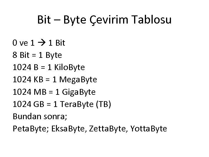 Bit – Byte Çevirim Tablosu 0 ve 1 1 Bit 8 Bit = 1